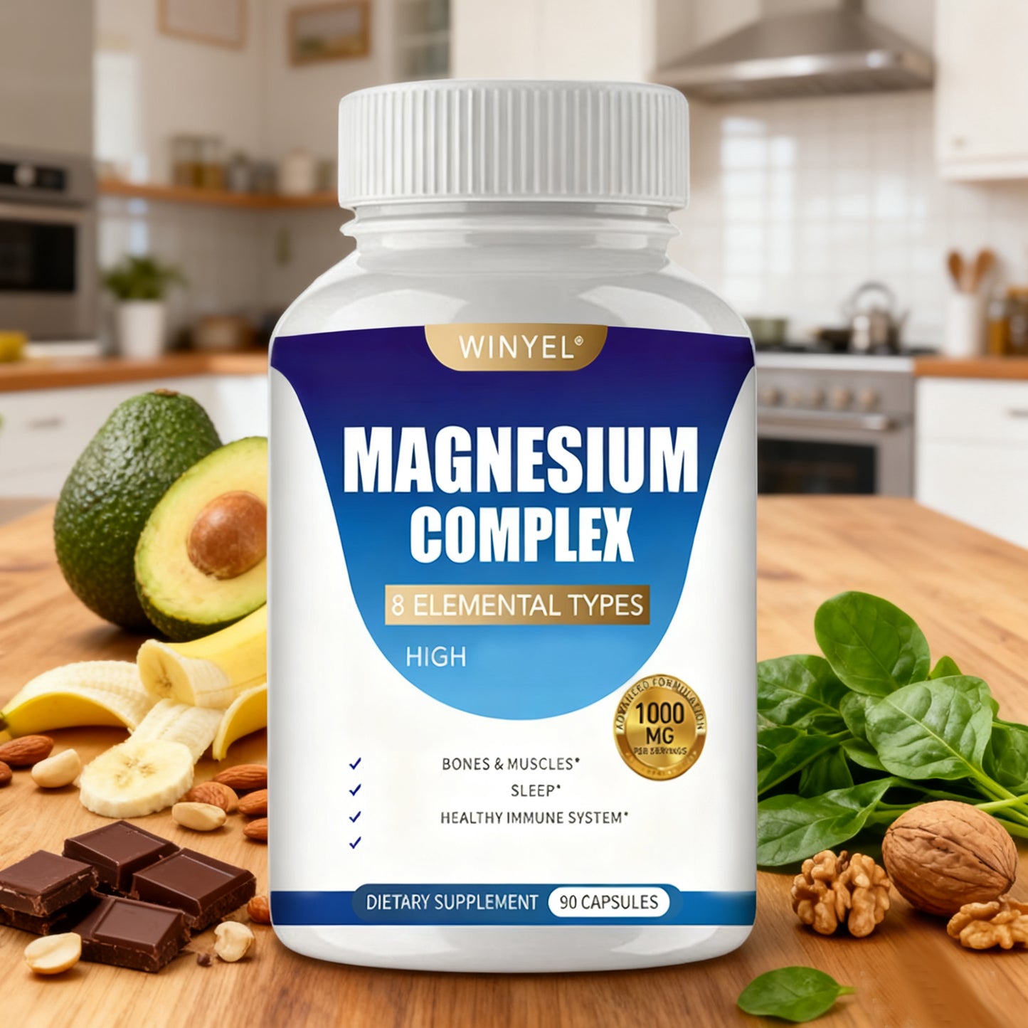 MAGNESIUM COMPLEX Wellness Capsules With Malate & Glycinate And 8 ELEMENTAL MAGNESIUM, Supports Health 90 Capsules, Dietary Supplement.