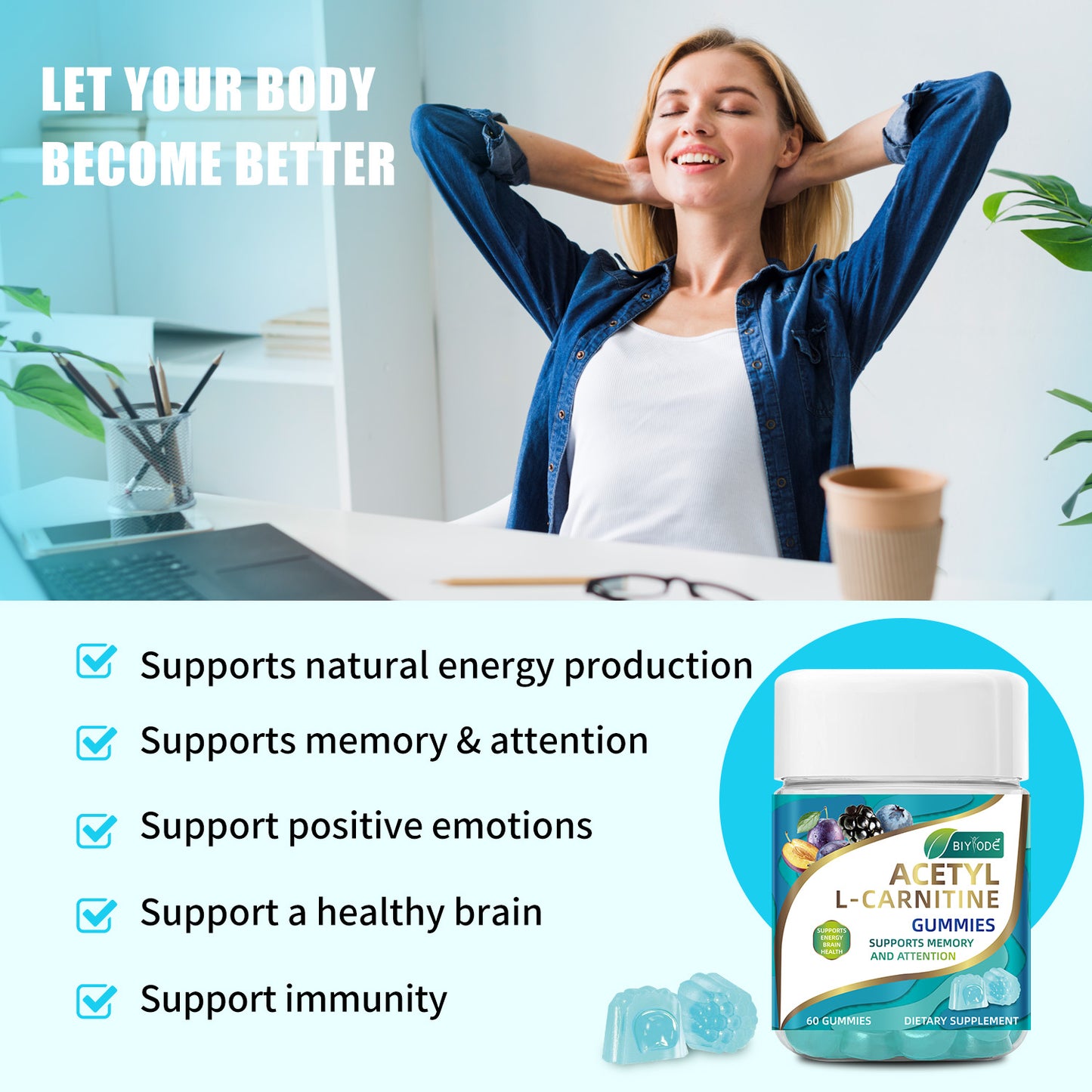 Biyode Wholesale Acetyl L-Carnitine Gummiegel Gummies Natural Daily Brain Wellness Supplement